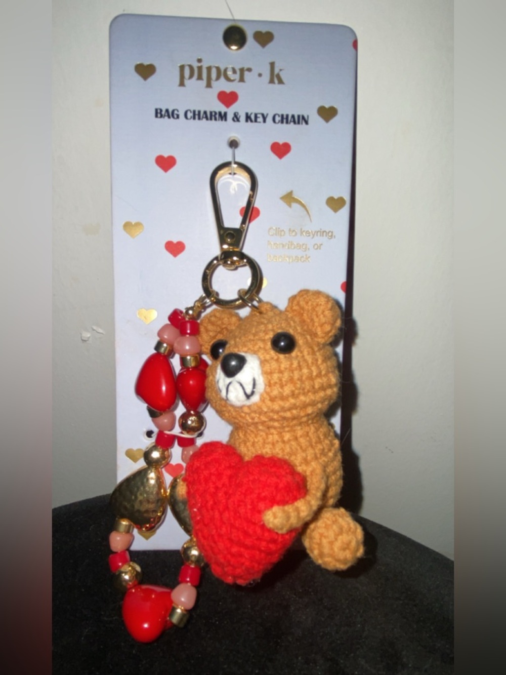piper•k Crochet Bear Keychain with Red Heart